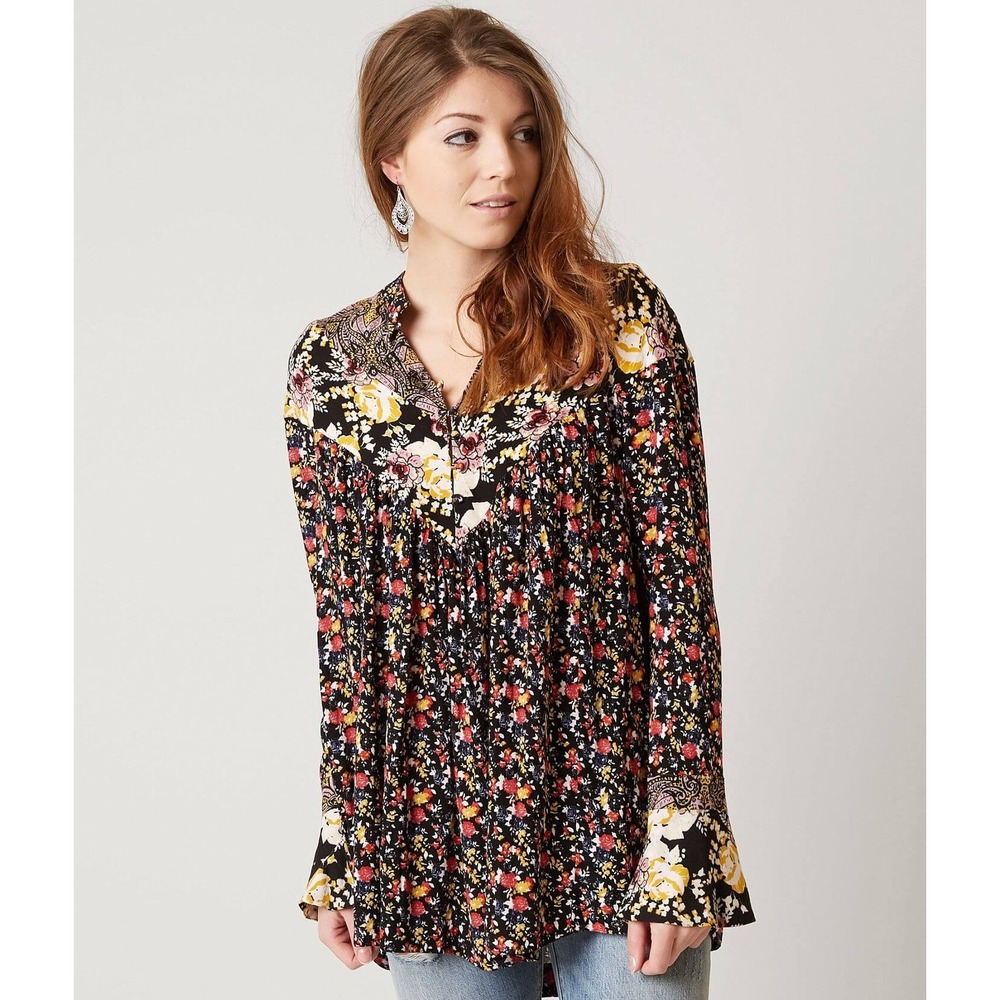 Free People Tunic Top Wildflower S Black Yellow Floral Paisley‎ Boho Long Sleeve